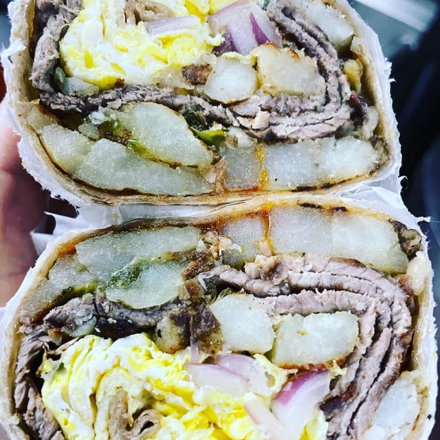 Eggs, Steak, Onions and Potato Wrap.